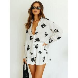 Commense Chill Life Plant Print Casual Relaxed Vacation Top & Short Set White XS